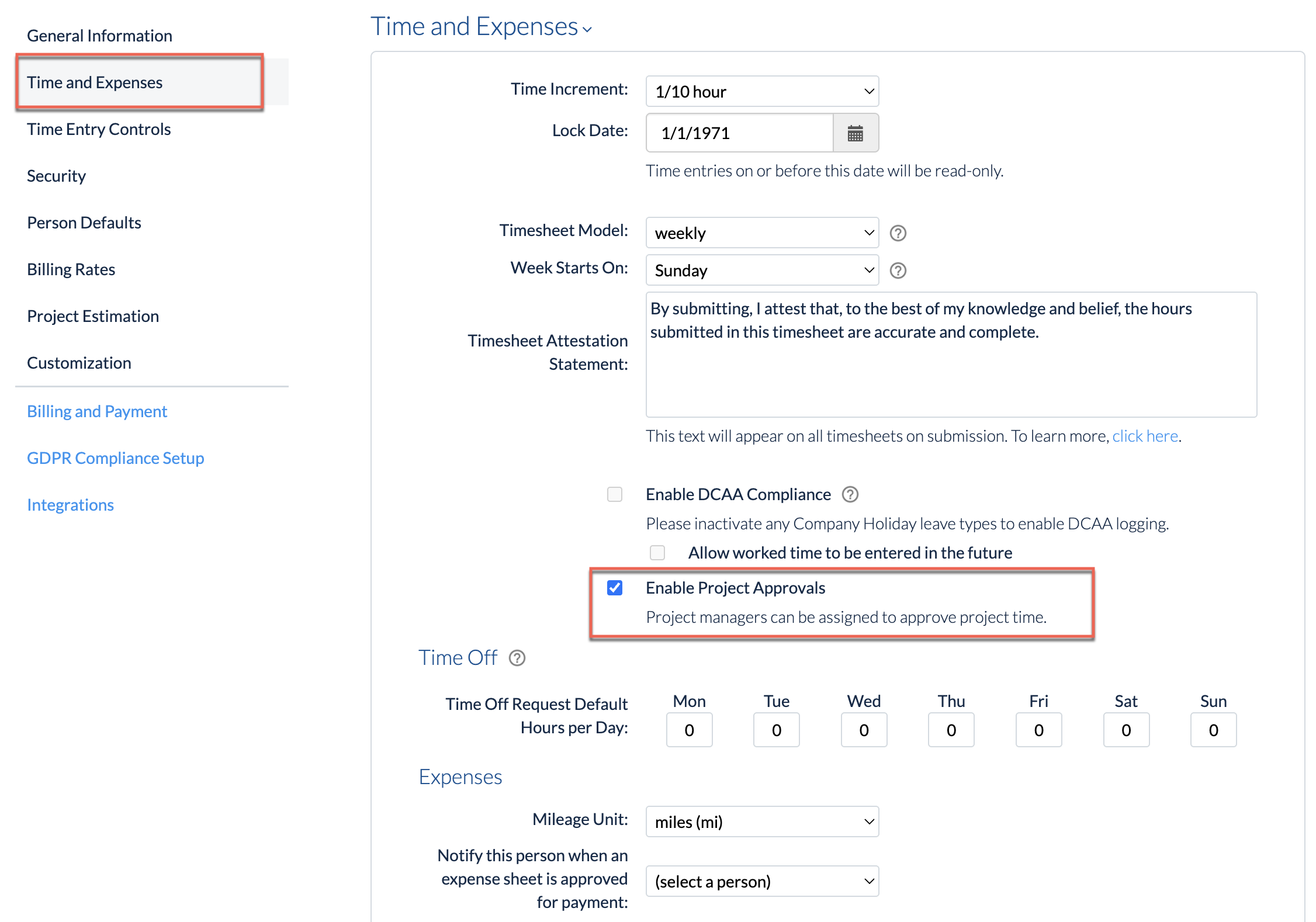 Enable Project Approvals in Company Preferences: Time & Expenses section