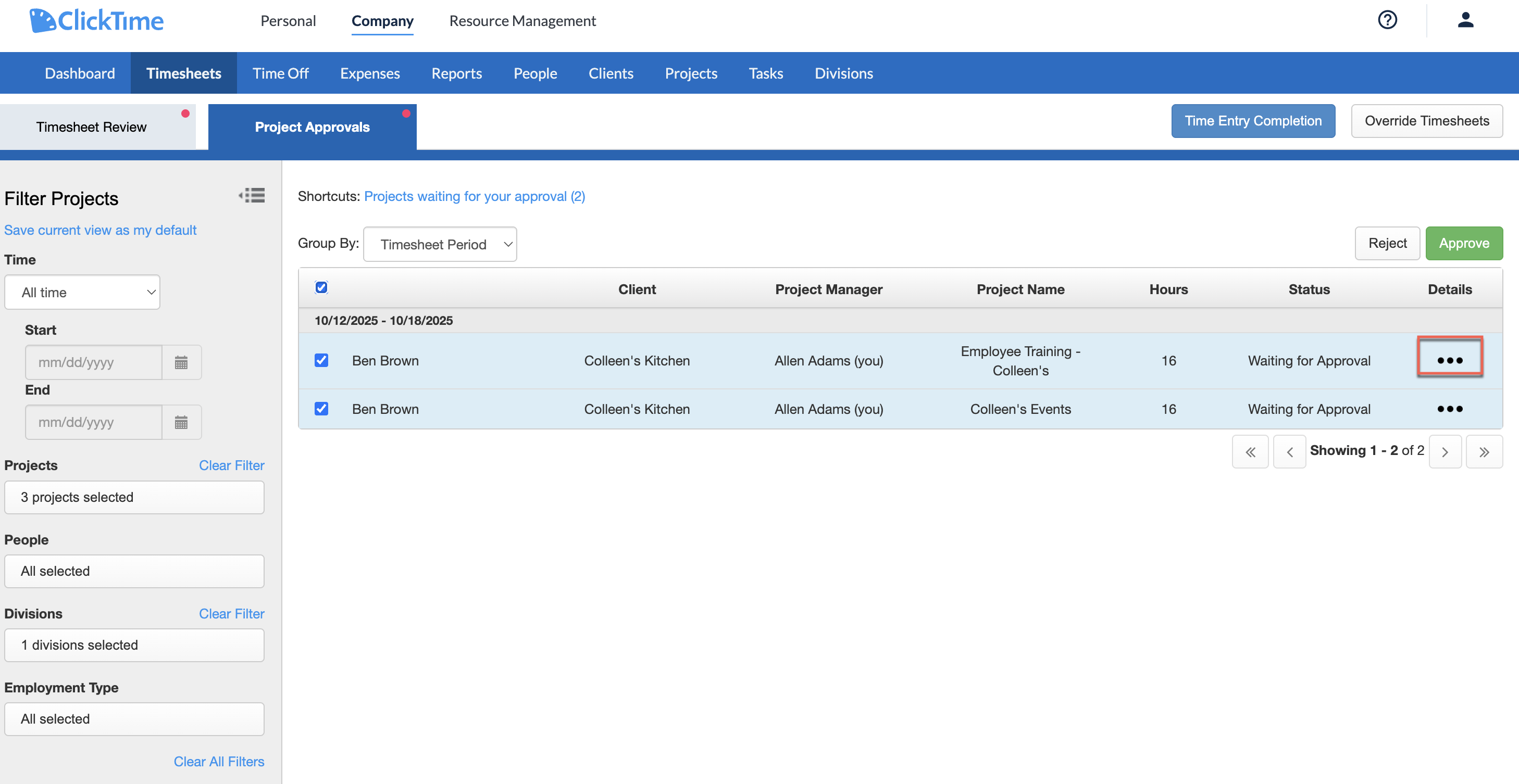 Entry details showing fields and Approve/Reject buttons