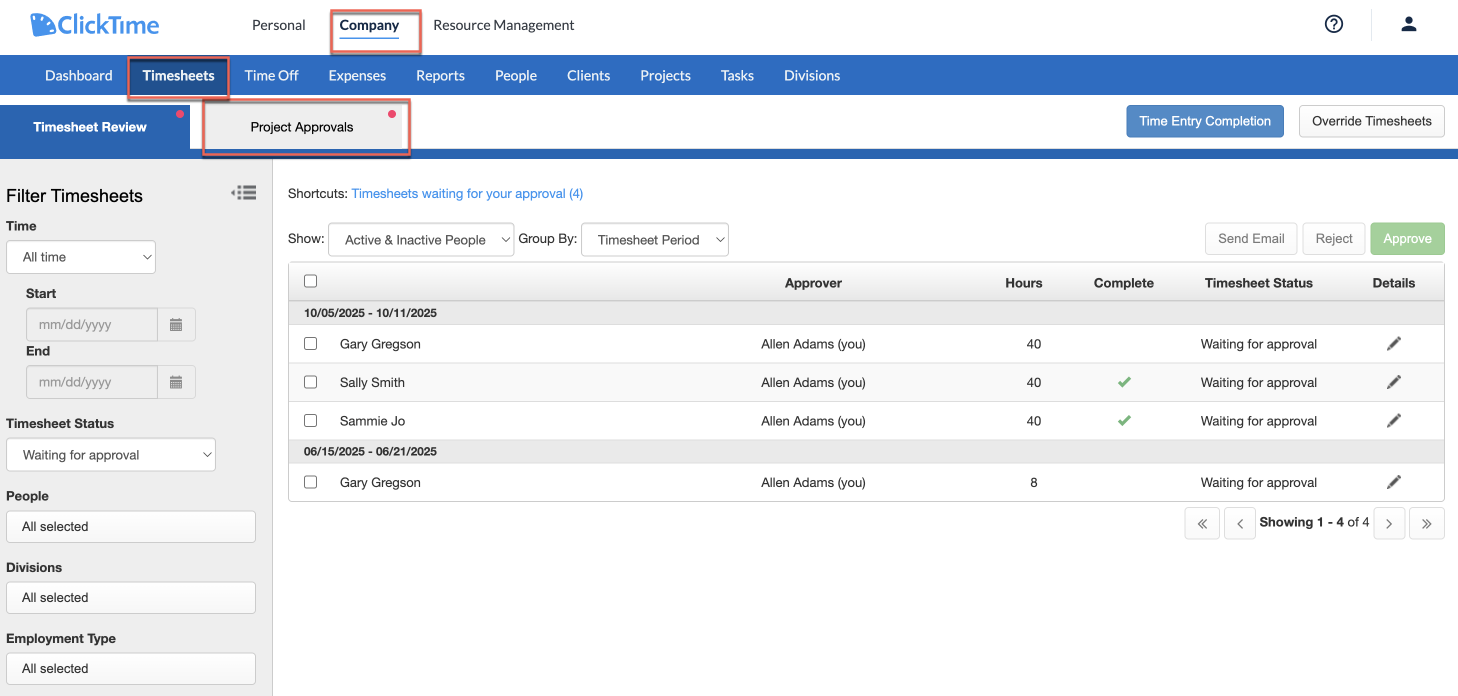 Timesheet Review filter and status options