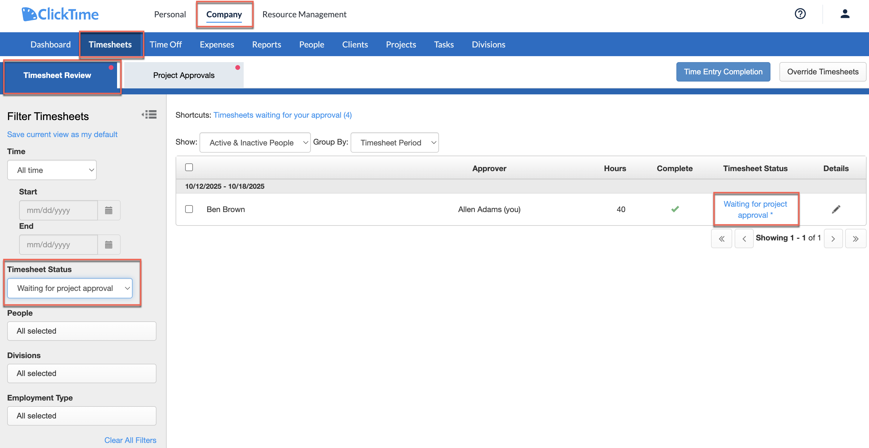 Timesheet Review status filter set to Waiting for Project Approval