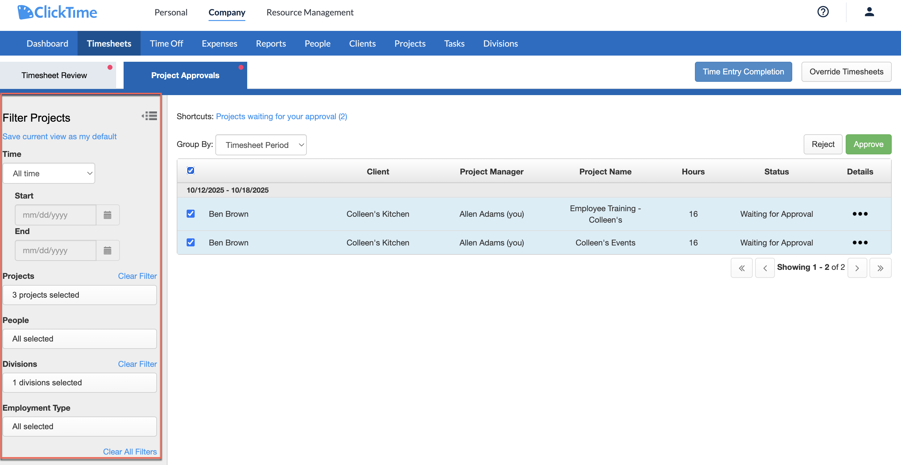 Project Approvals filters
