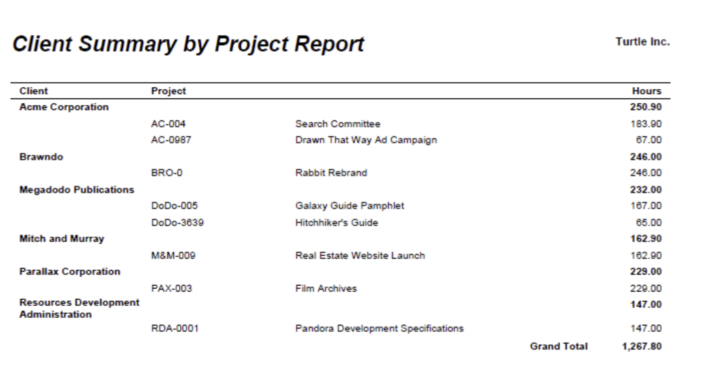 Client Summary by Project example