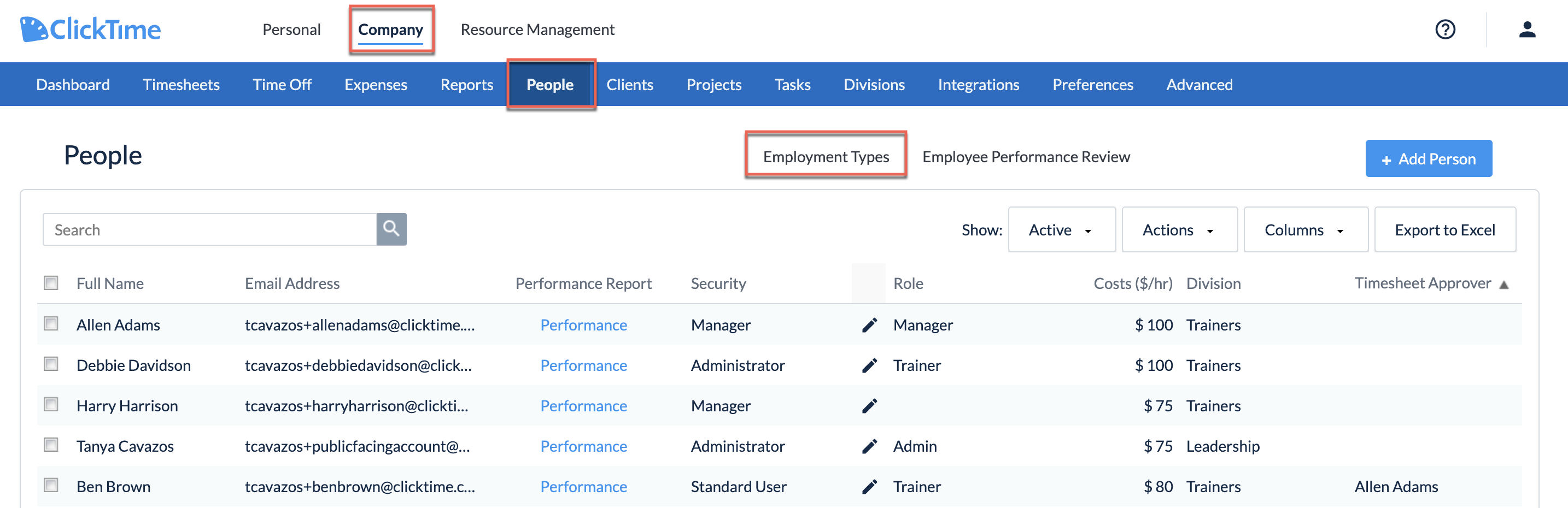 Employment Types list showing Overtime Configuration section