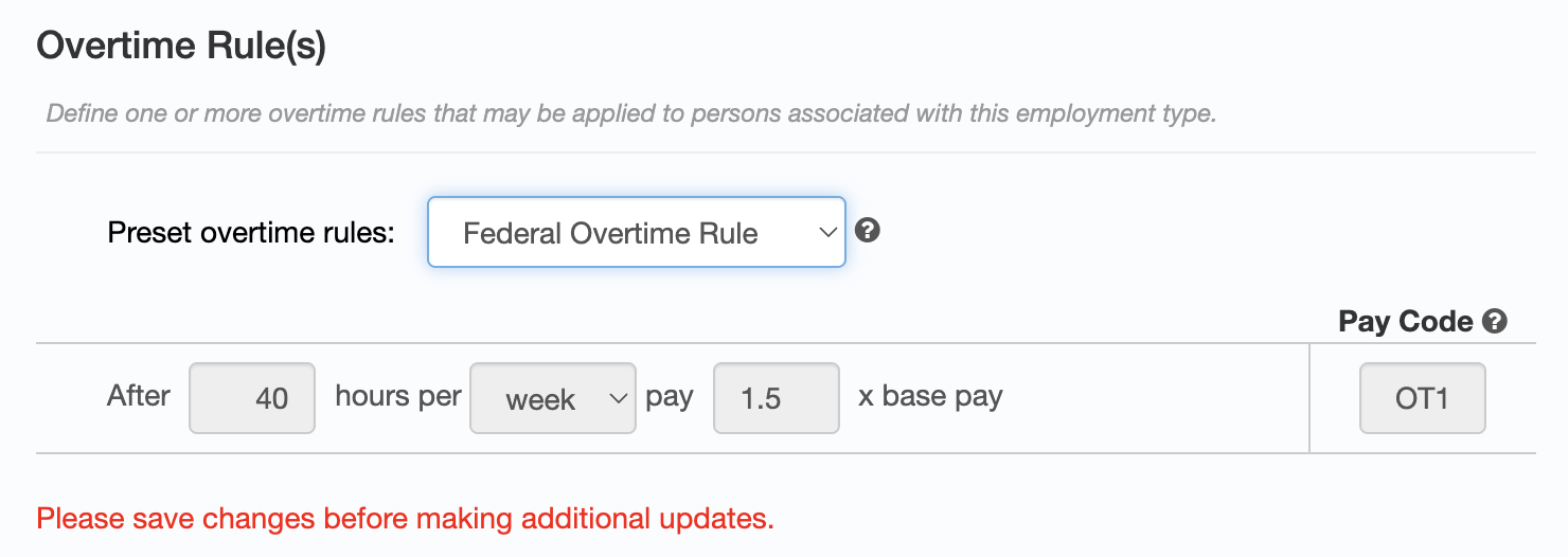 Federal preset showing weekly threshold and 1.5x
