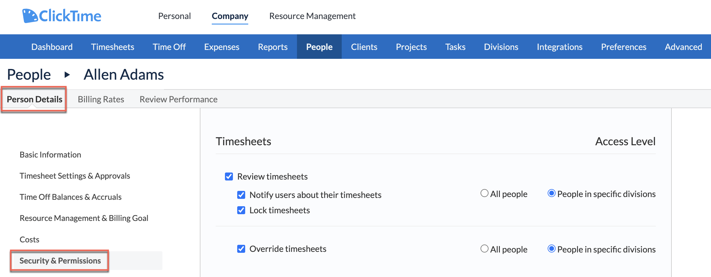 Security settings for manager permissions