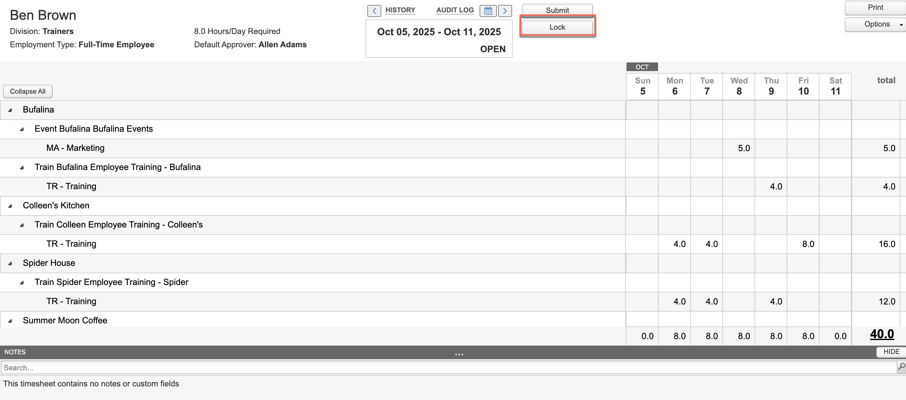 Timesheet View with Lock/Unlock controls