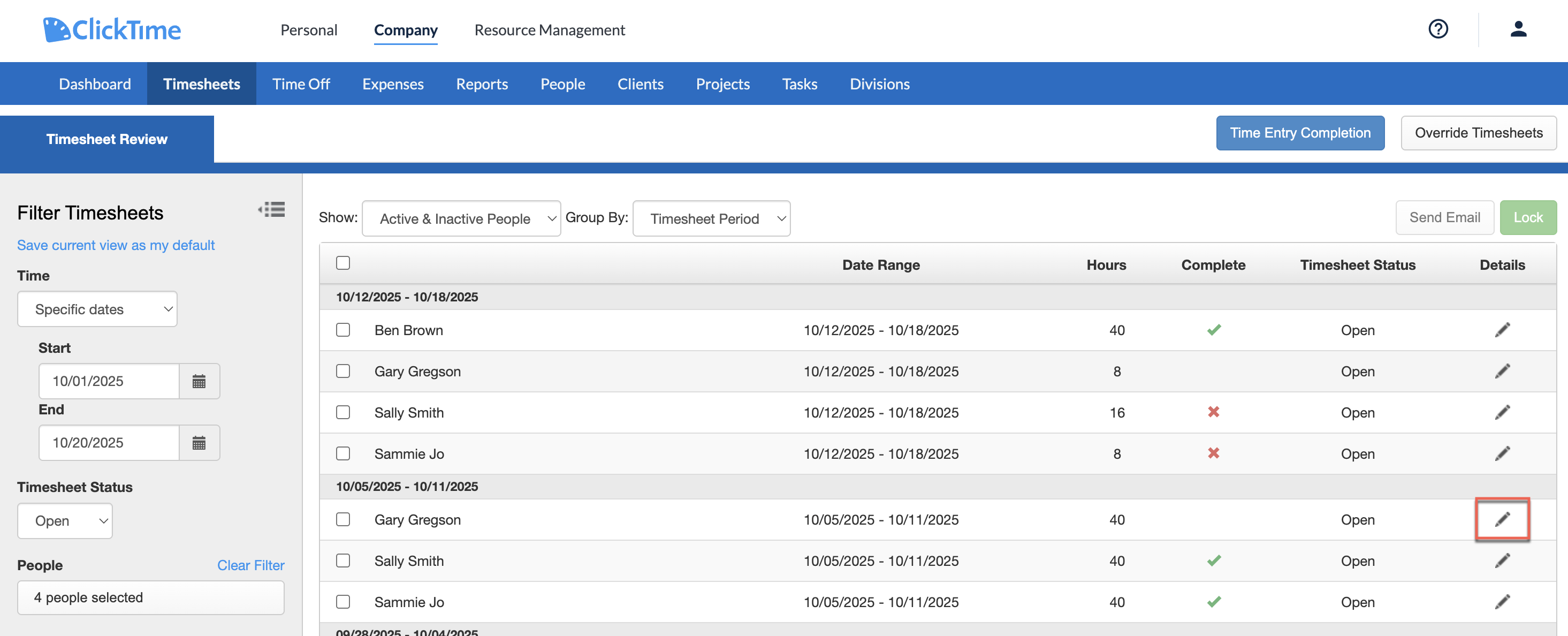 Open Timesheet View from the Company → Timesheets list