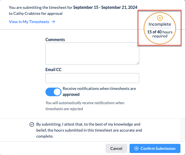 Submission blocked banner when hours are incomplete