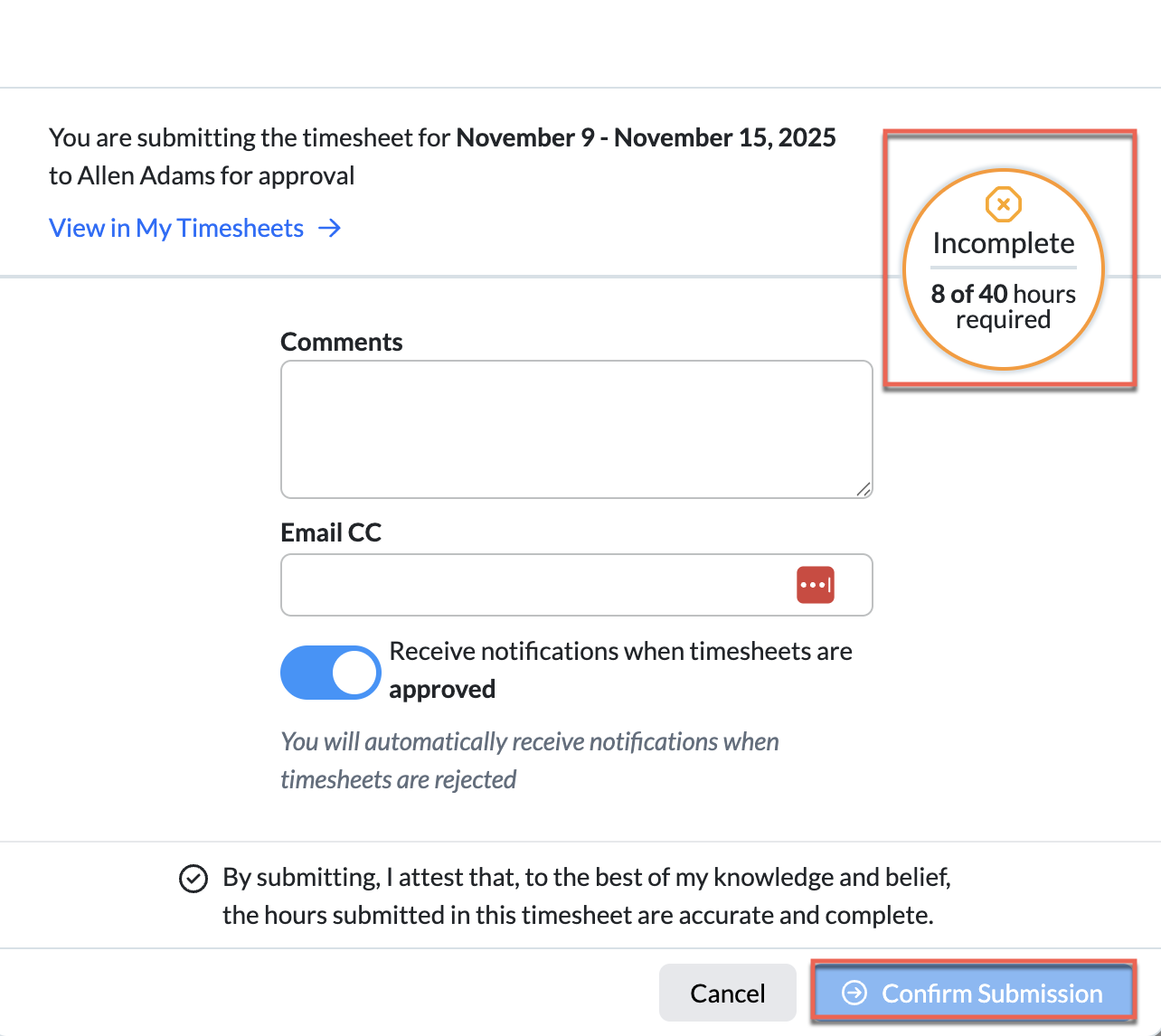 Submit dialog showing incomplete hours notice