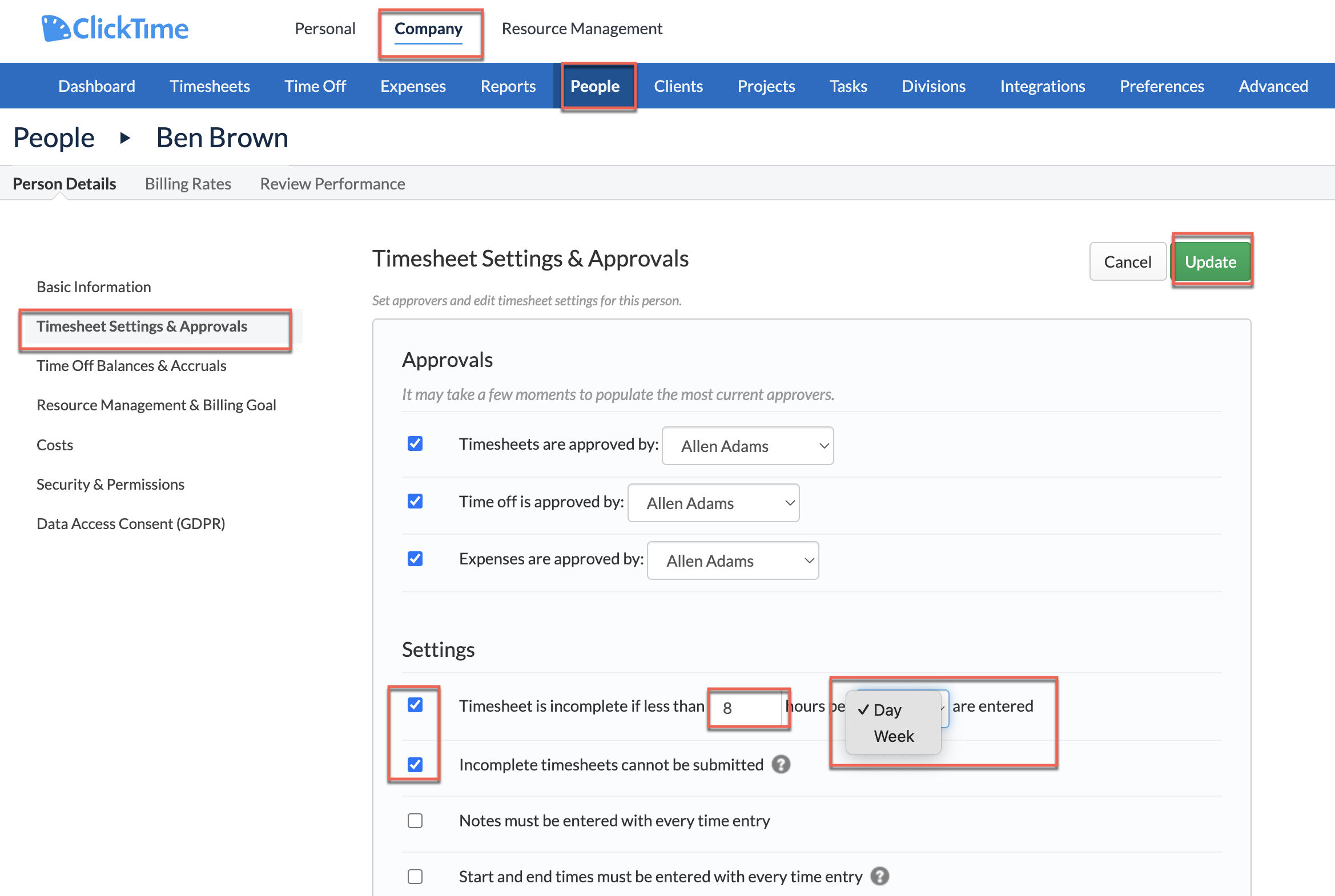 Person Details: Incomplete Time Entry rule (per day/per week and block submission option)