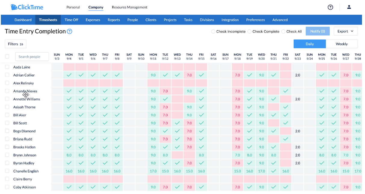 Time Entry Completion grid: last 30 days view
