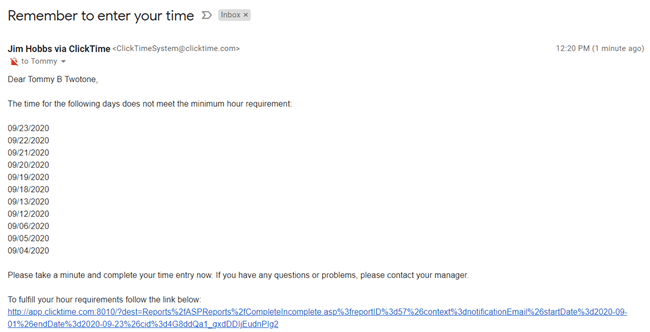 Notification email example listing incomplete dates/weeks