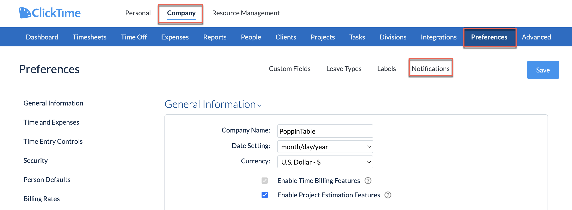 Company Preferences → Notifications configuration page