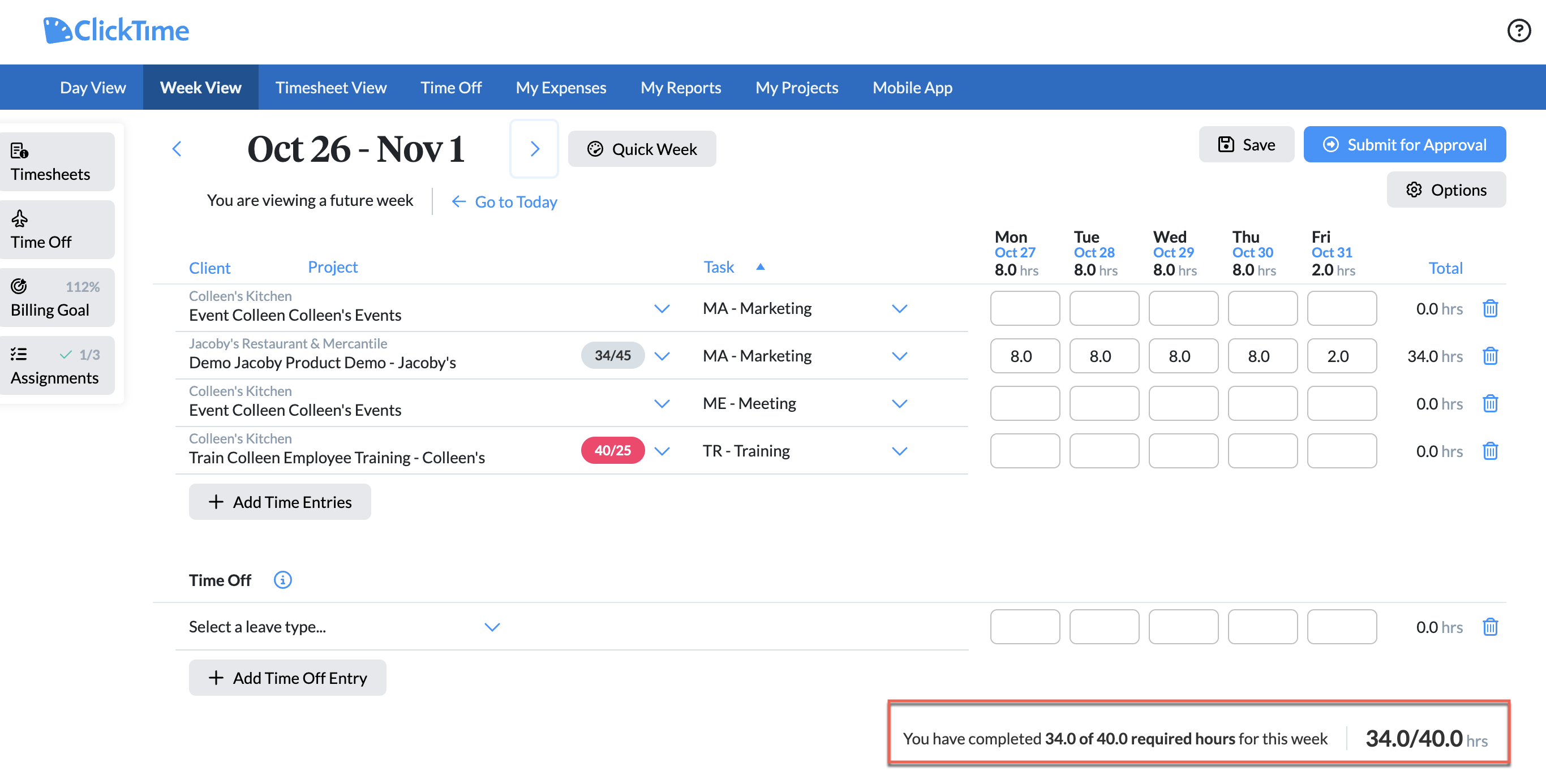 Company → Timesheets overview with completeness indicators