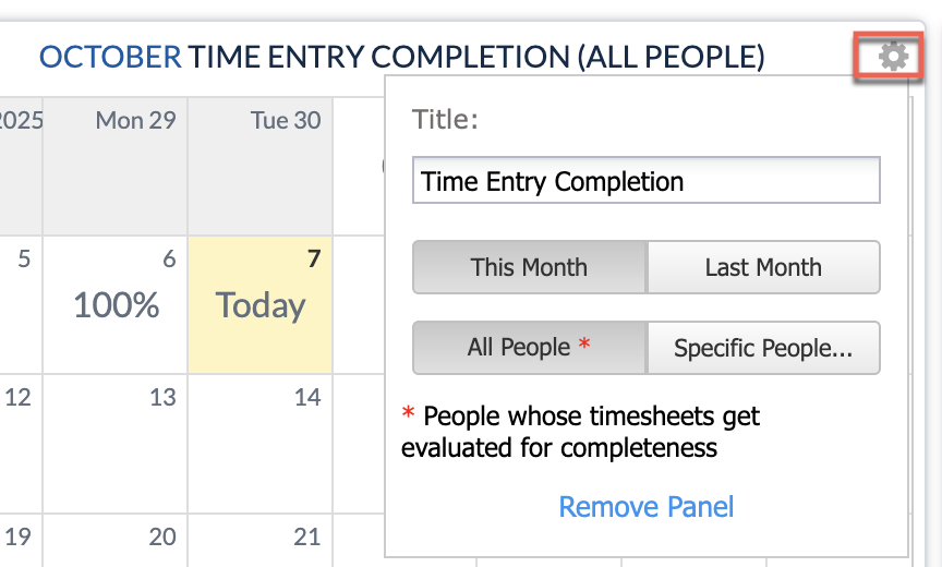 Dashboard panel settings: timeframe and audience selection