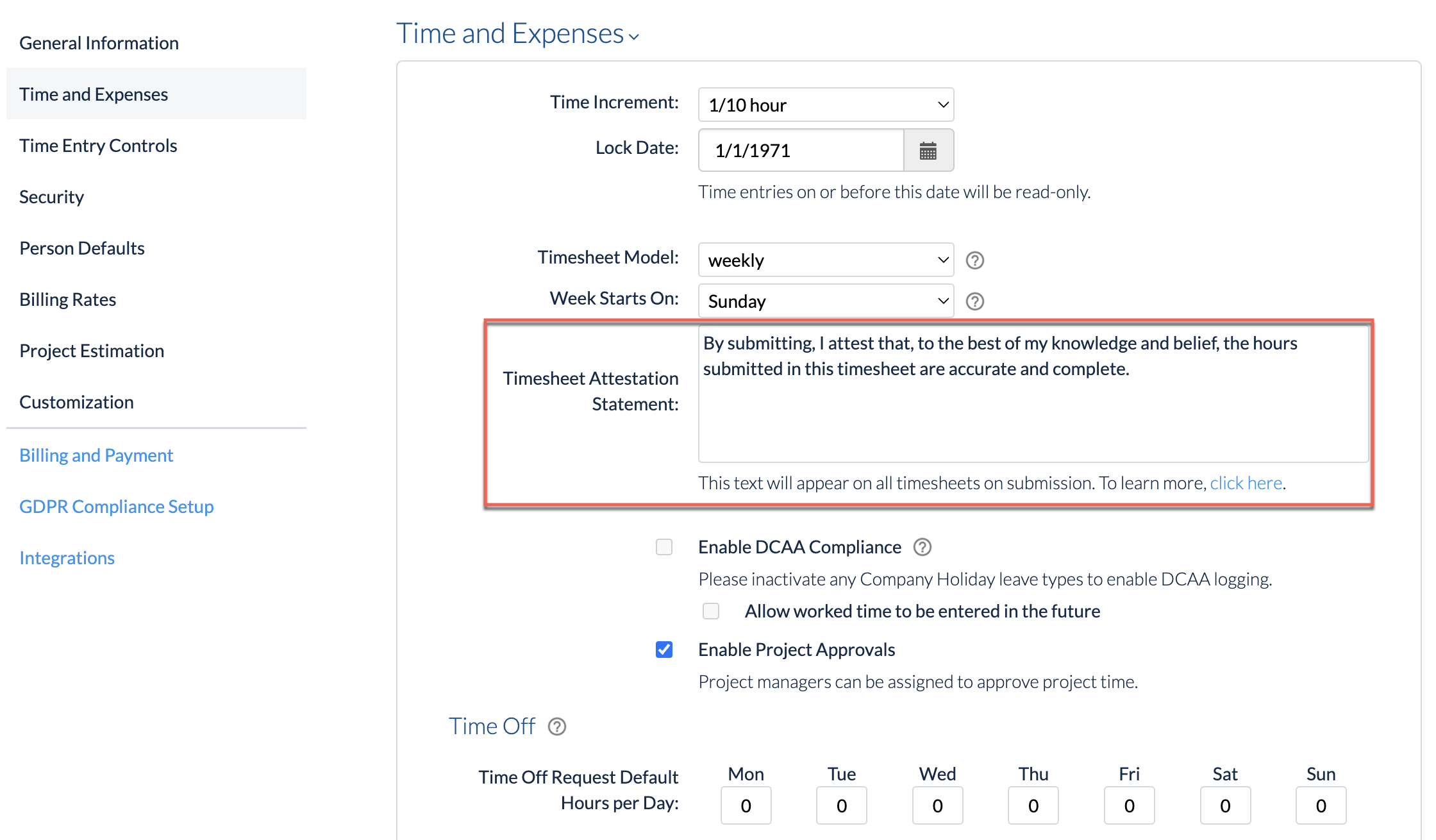Company Preferences showing attestation text field