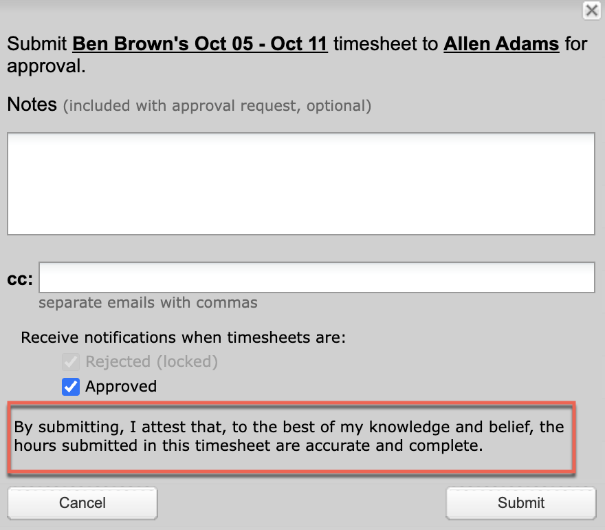 Timesheet View submit dialog with attestation checkbox