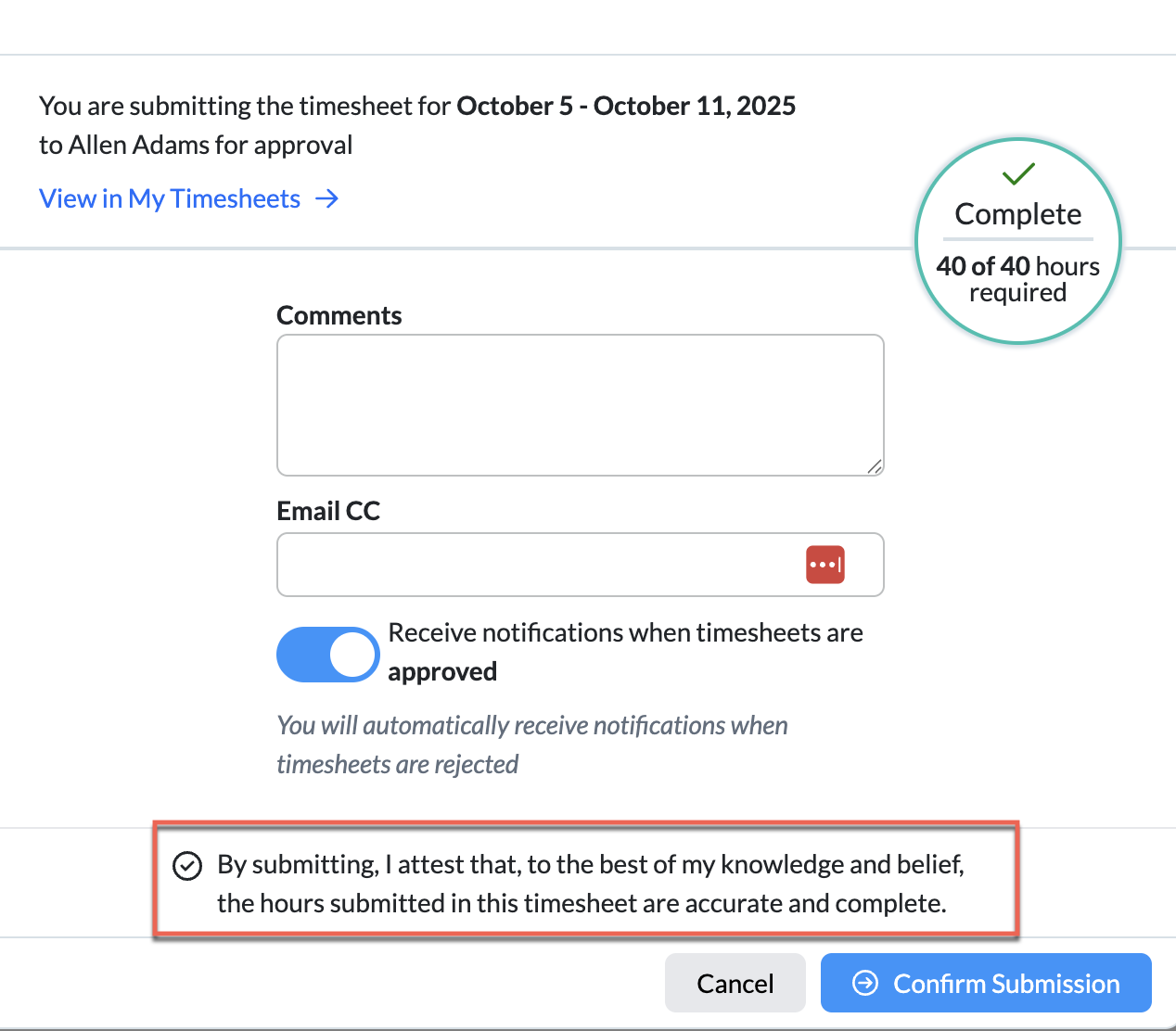 Week View submit dialog with attestation checkbox