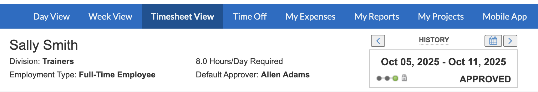 Timesheet header showing name, period, and status