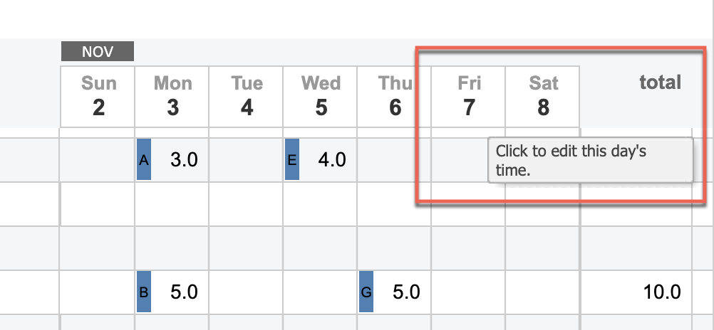 Date headers at top of grid