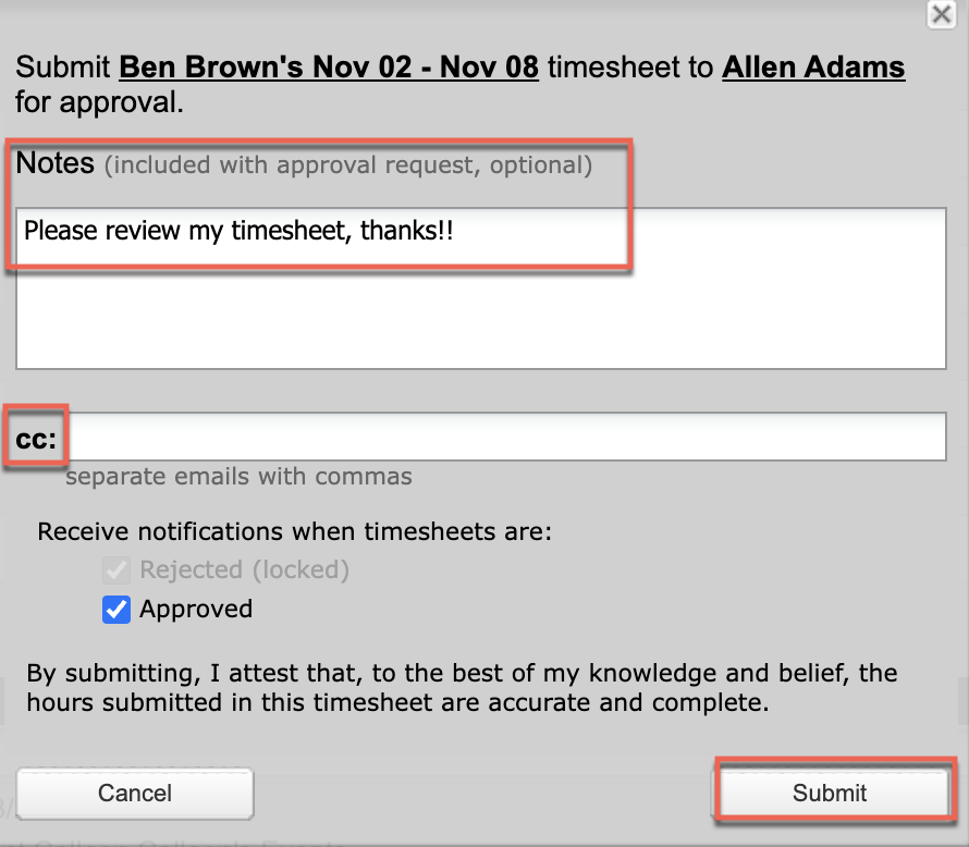 Submission dialog with note, CC, and email options