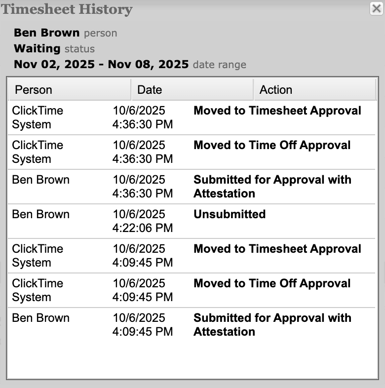 History dialog with detailed event list