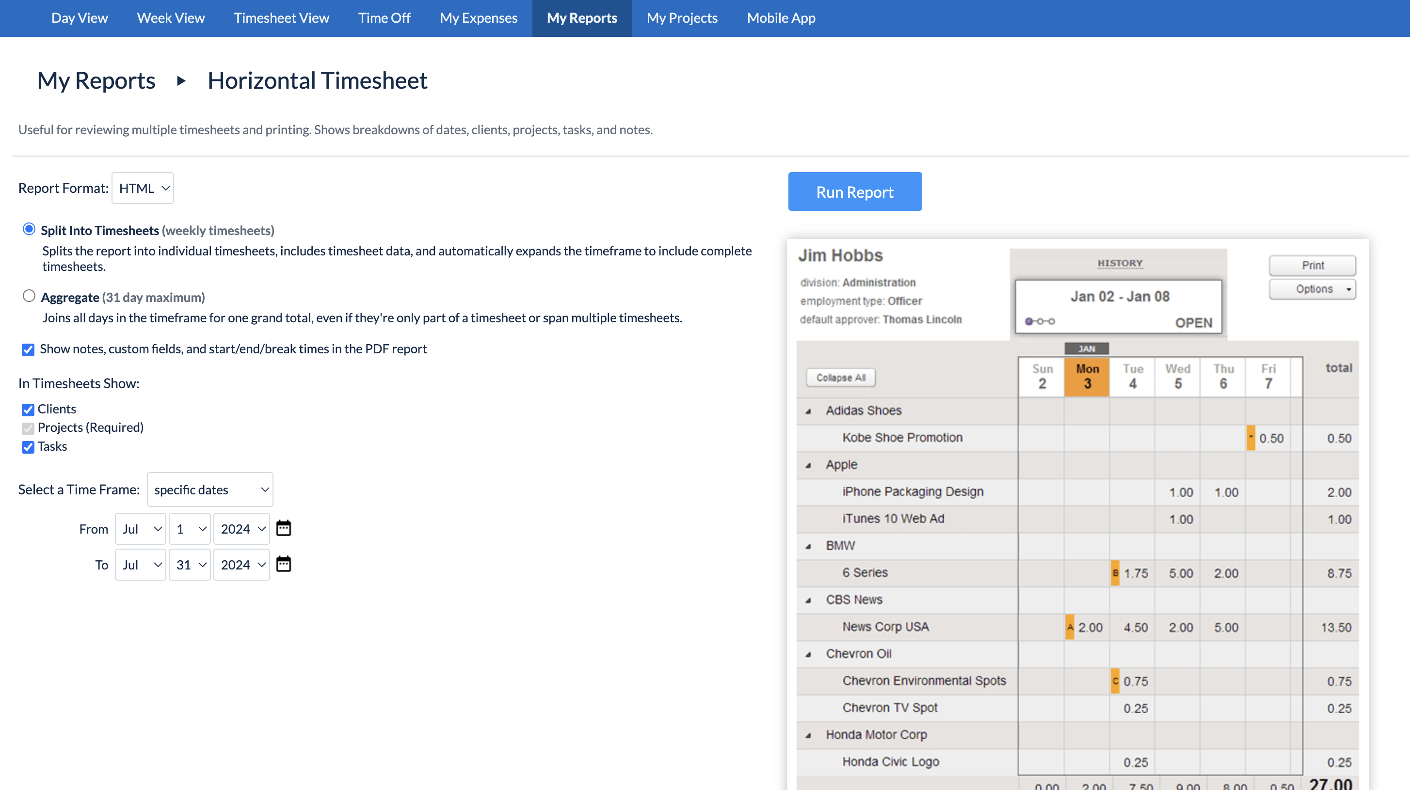My Reports — Horizontal Timesheet report