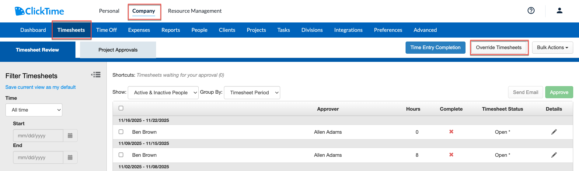 Override Timesheets button on the Timesheets page