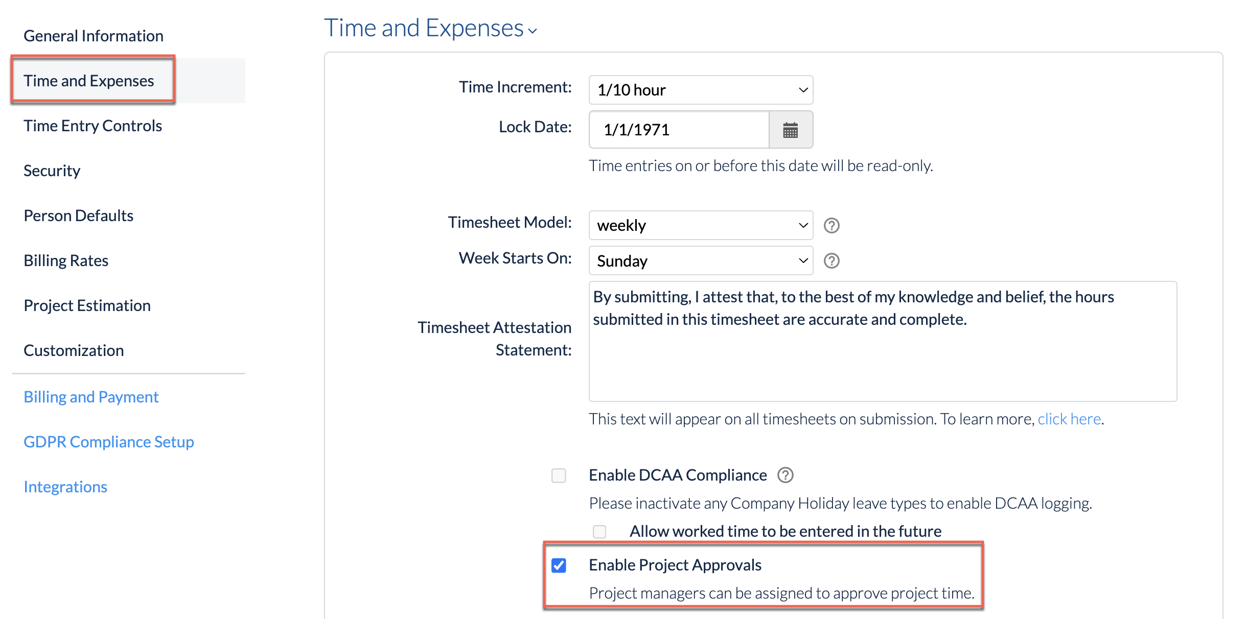 Project approvals settings