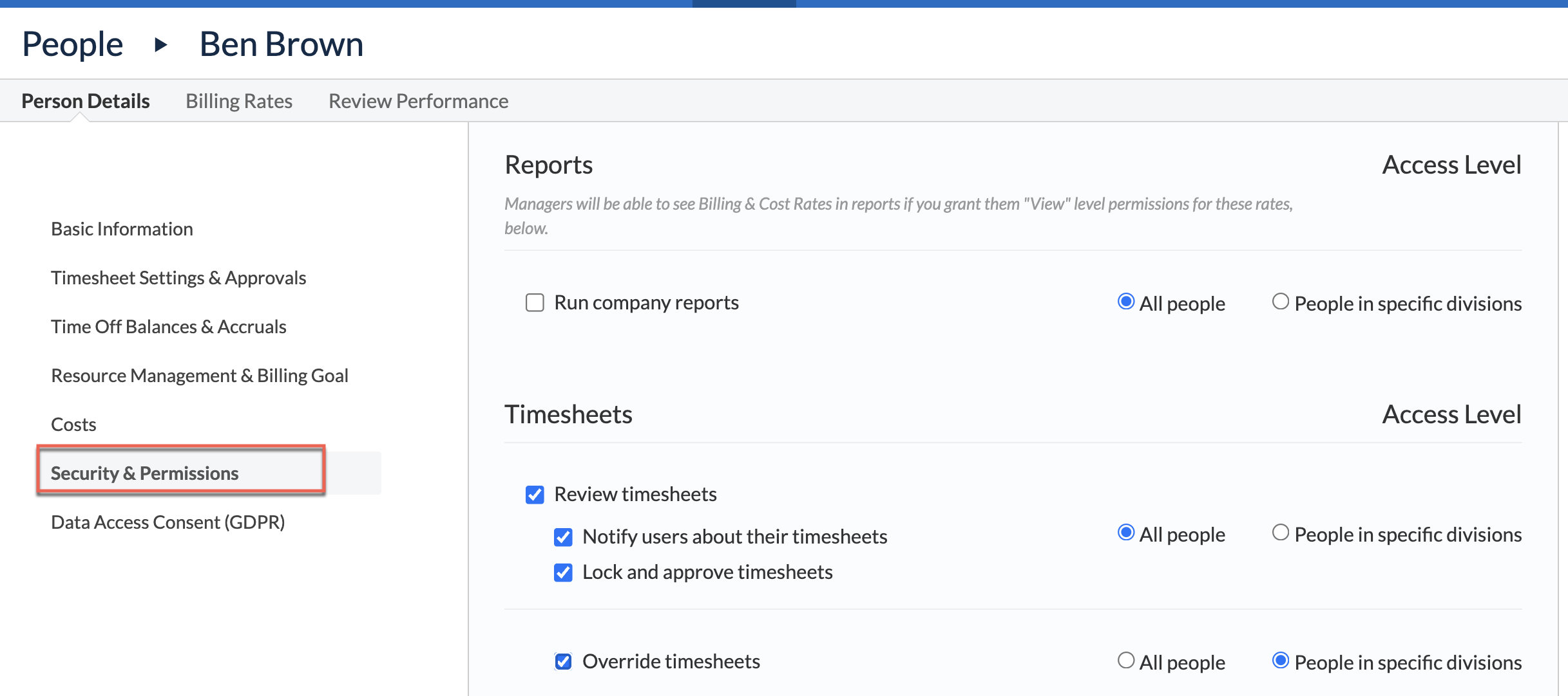 Security settings showing manager approval permissions