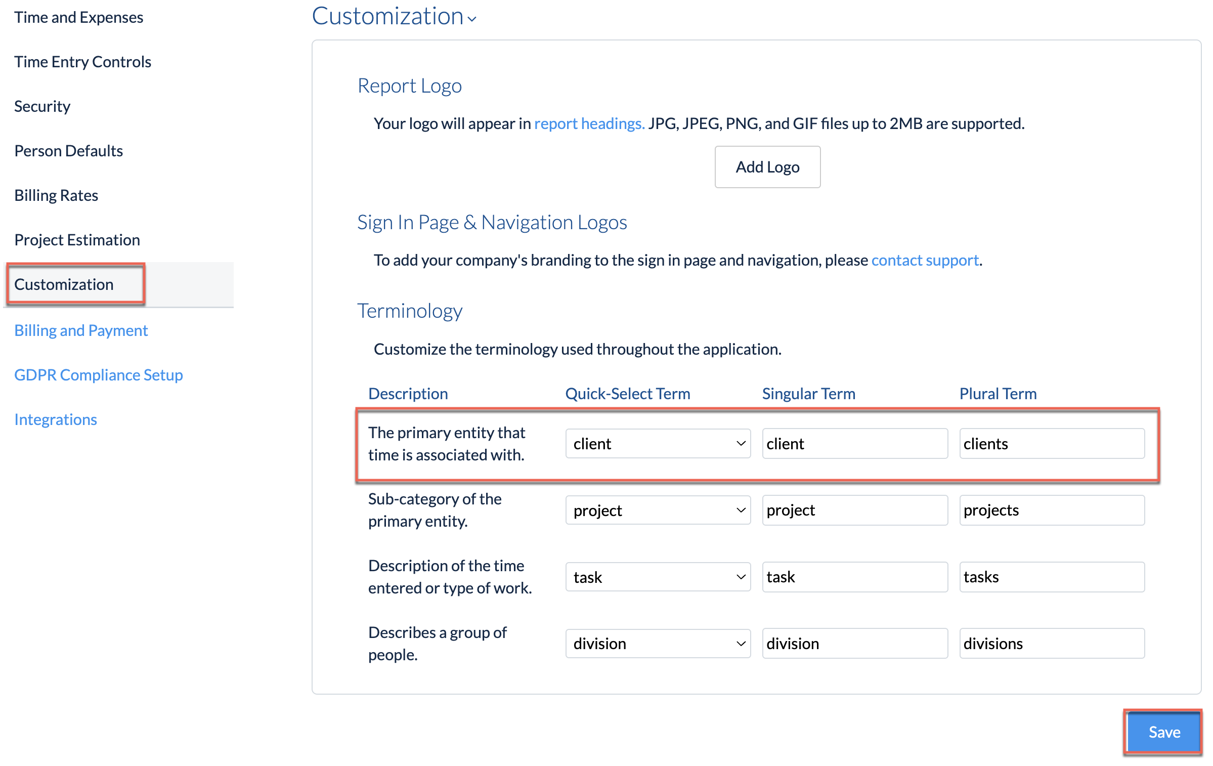 Company Preferences: customizable Client terminology