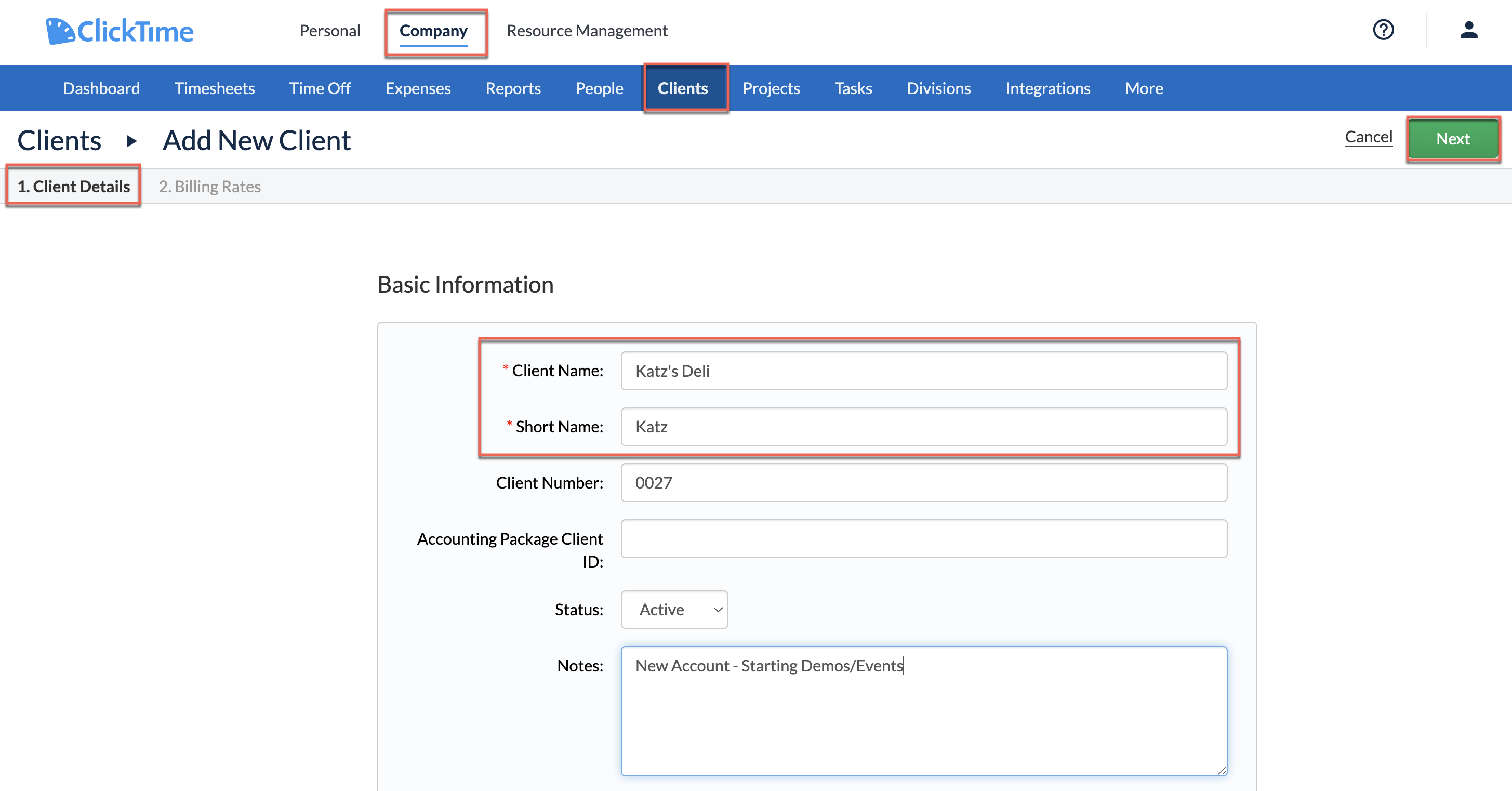 Add New Client form, including Notes field