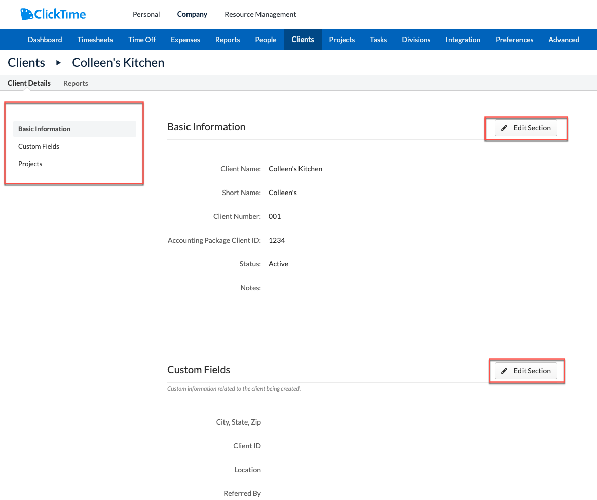 Client Detail with side navigation and editable sections