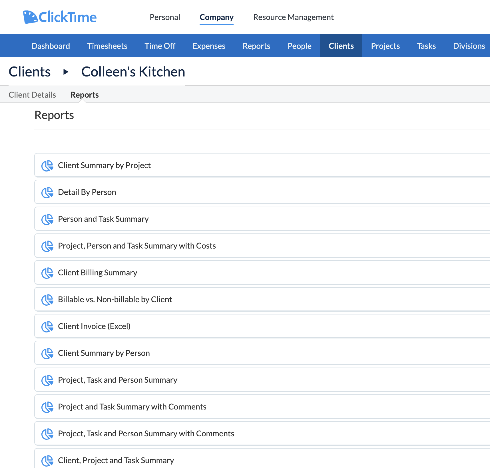 Client-centric reports section within Client Detail