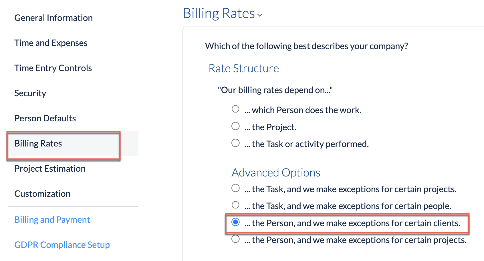 Client-level billing rates configuration options