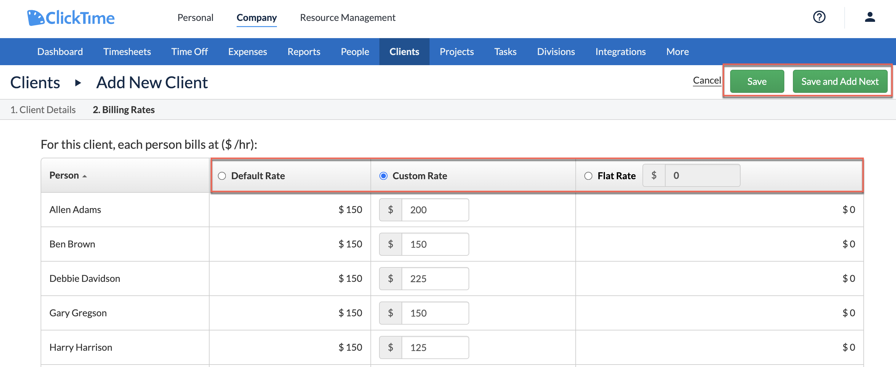 Example table showing default, custom, and flat billing rates at client level