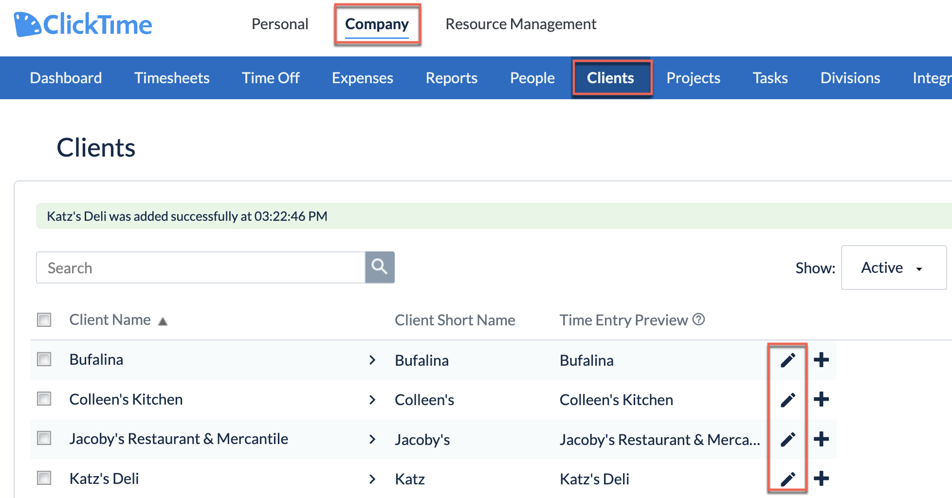 Client list showing Edit (pencil) icon