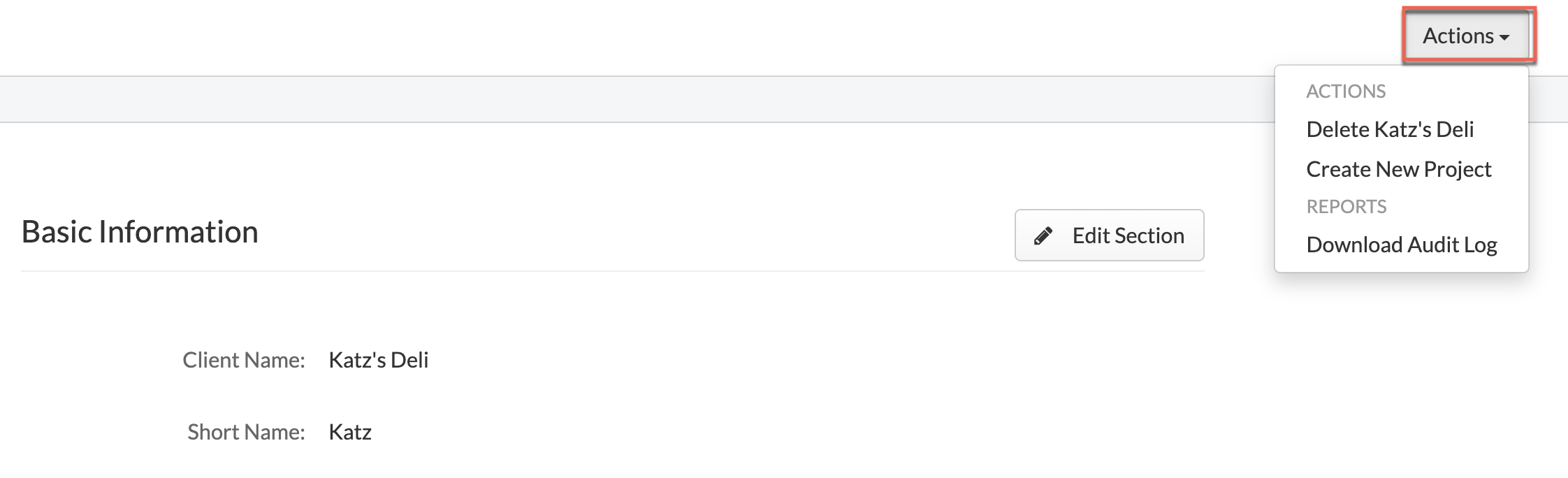Client Actions menu in Client Detail