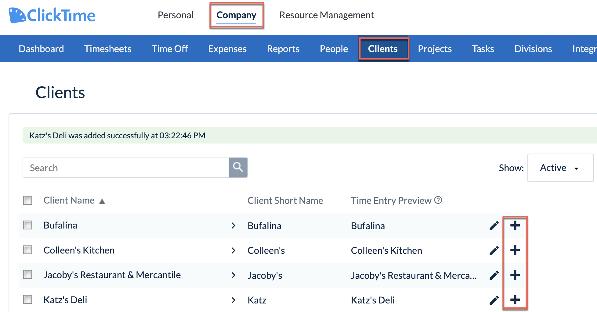 Client List View showing Duplicate option