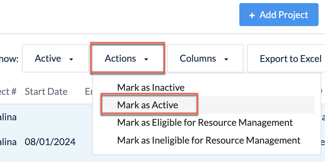 Project List View bulk action to mark Projects as Active