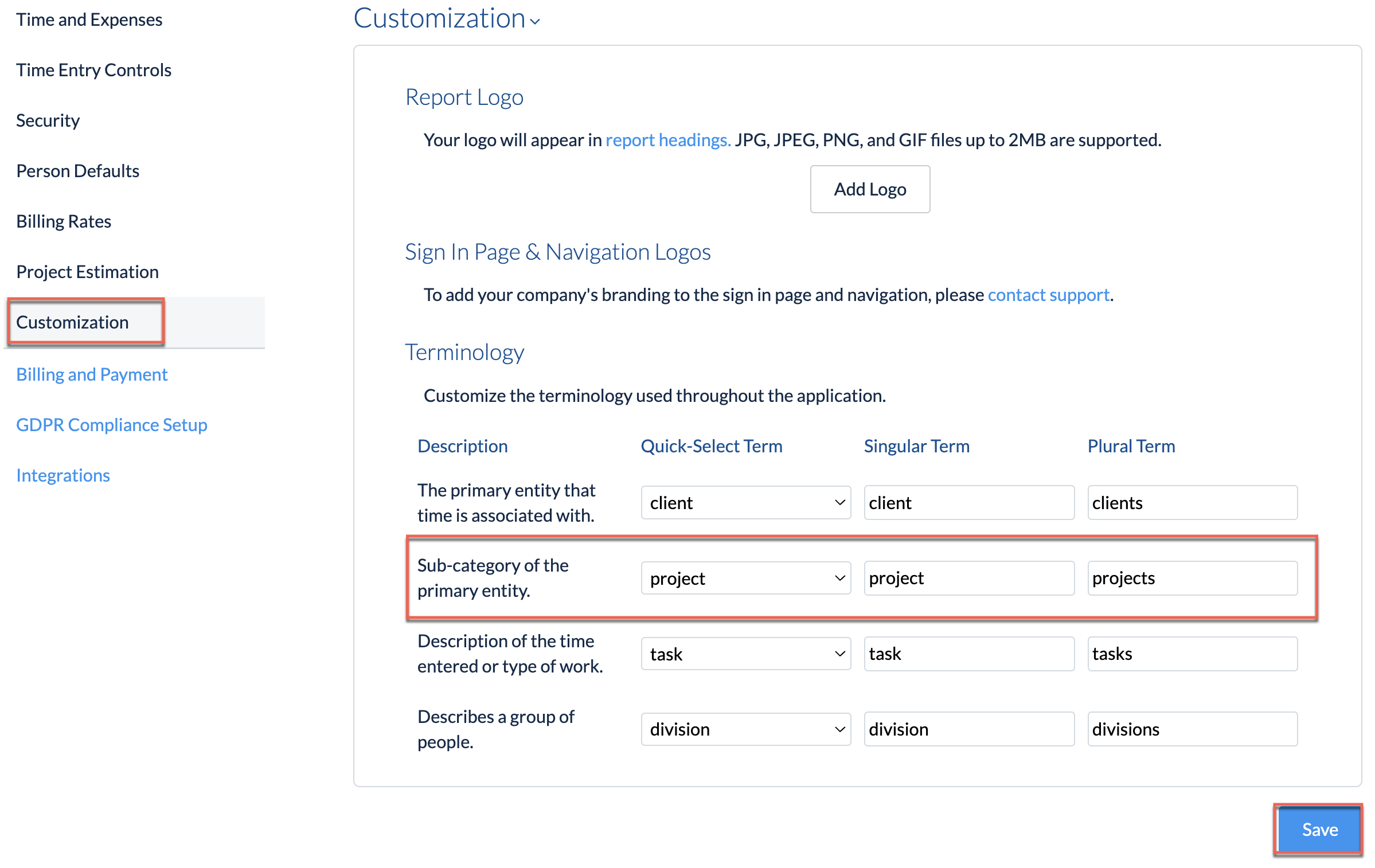 Company Preferences showing customizable terminology for Project