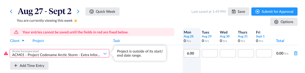 Error message when entering time outside date range