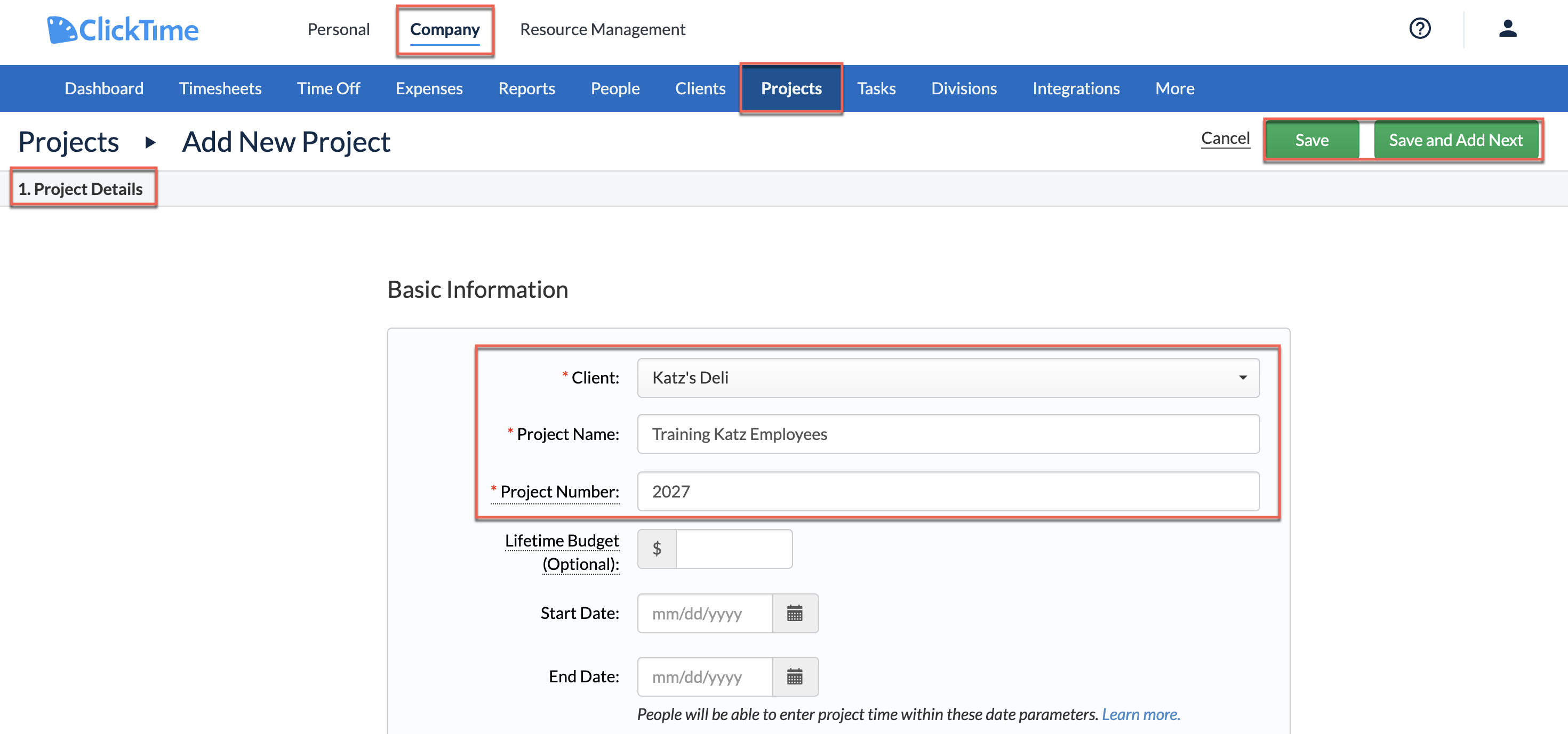 Add Project form—Client picker and required fields