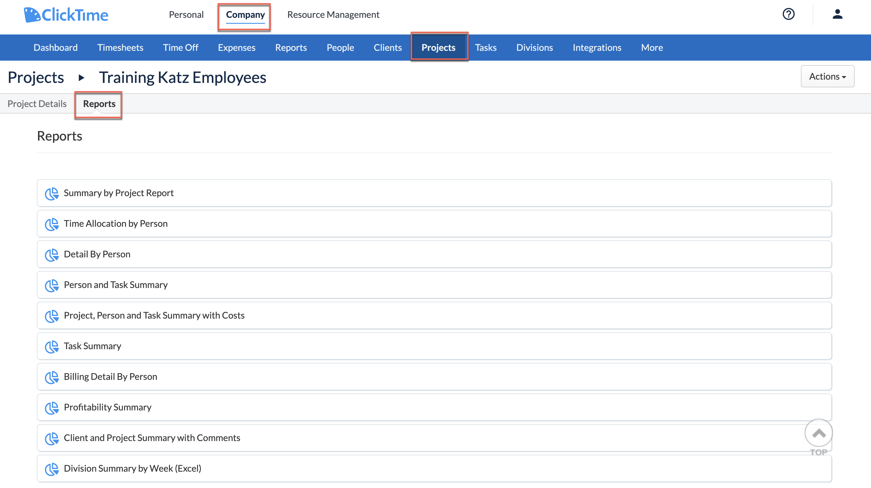 Project-centric reports section