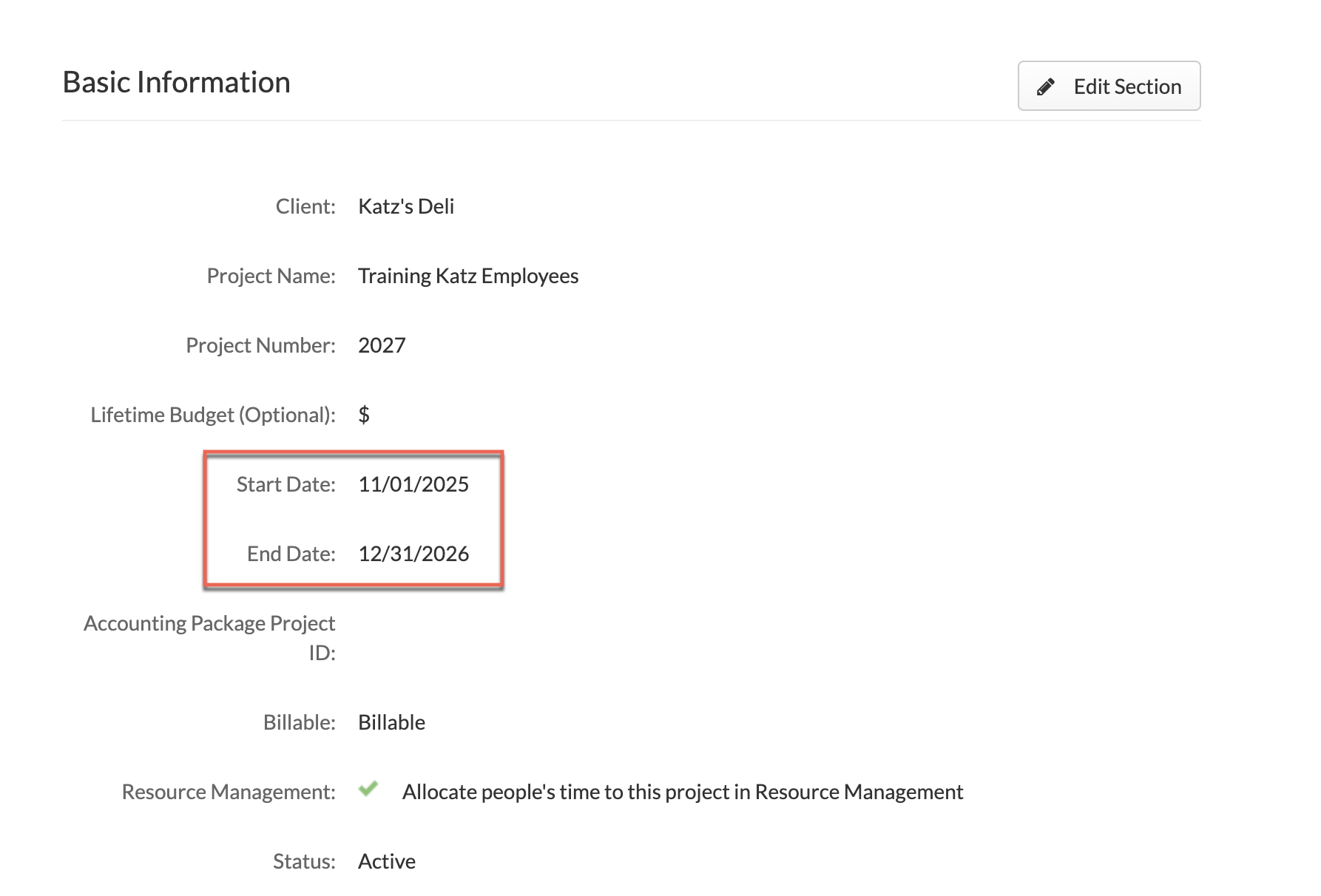 Project Start/End date settings on the Project form