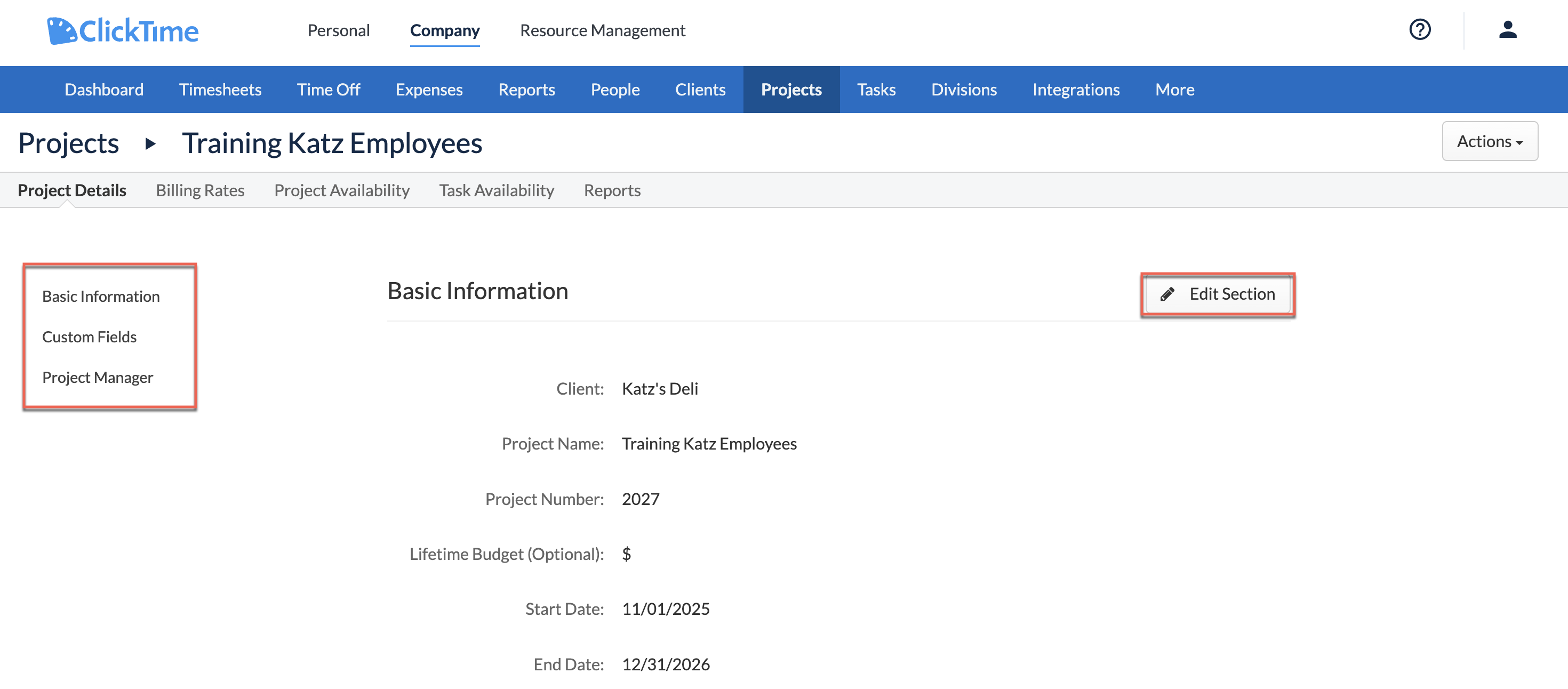 Project Detail page with section navigation