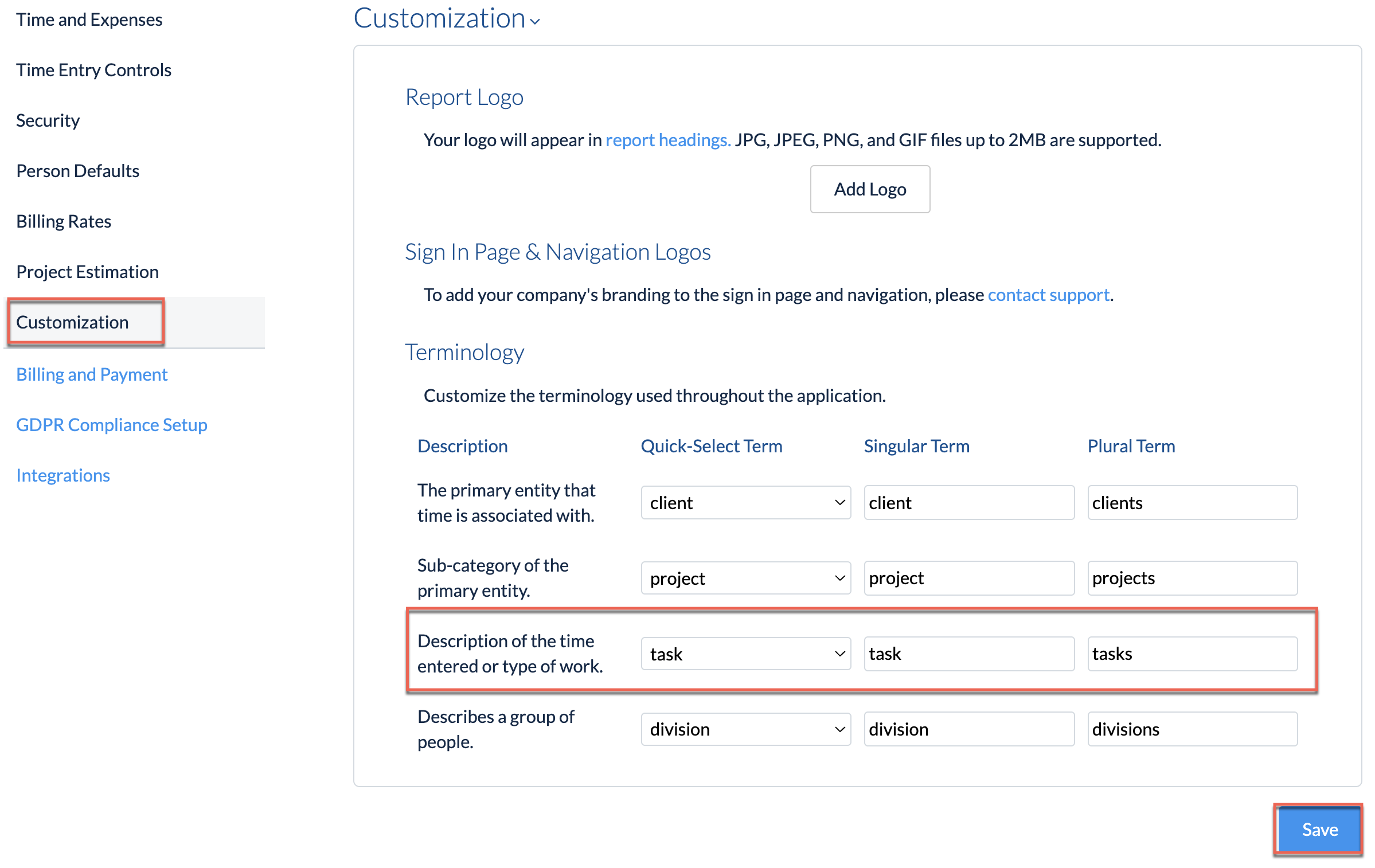 Company Preferences showing customizable terminology for Task