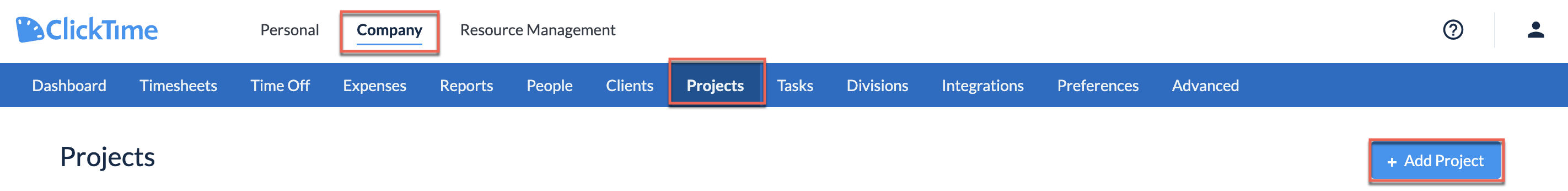 Projects list with Add Project button