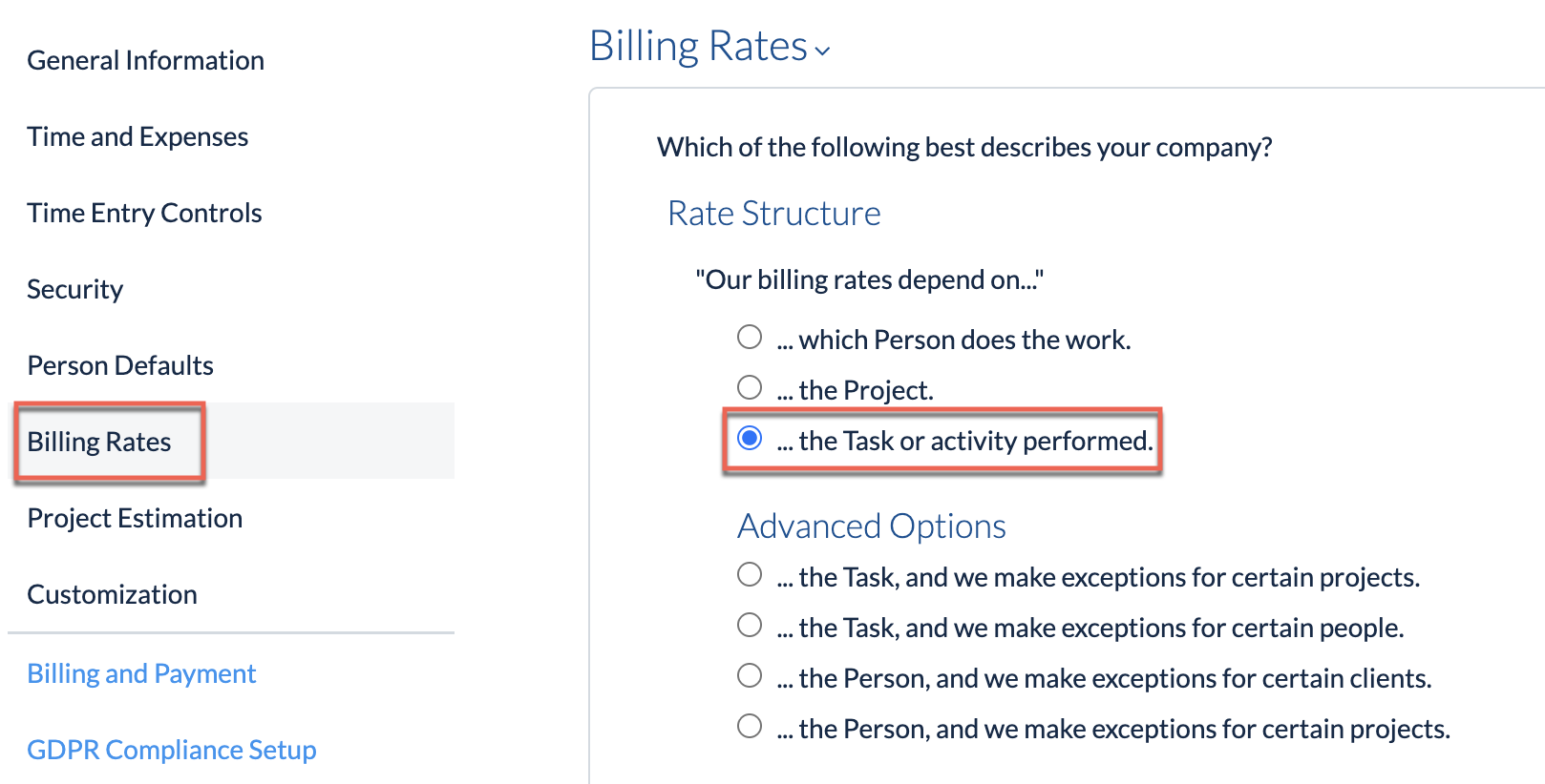 Task Billing section entry point on Task form