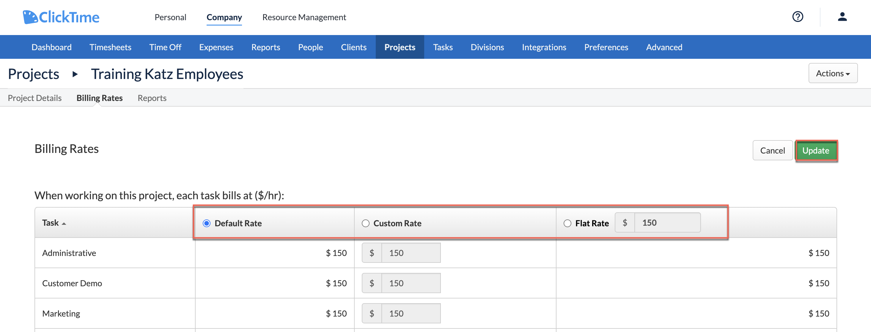 Example table showing Task rates with per-Project overrides